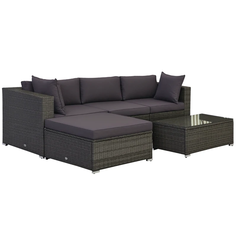 Outsunny 5-Piece Outdoor Sectional Furniture, Patio Sofa Set, PE Wicker Couch, Cushions, Pillows, Ottoman, Table, Charcoal