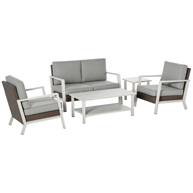 Outsunny Aluminum Patio Furniture Set, 5 Piece Modern Outdoor Conversation Set with Loveseat Sofa, Chairs, Cushions, Coffee Table & Side Table, Gray