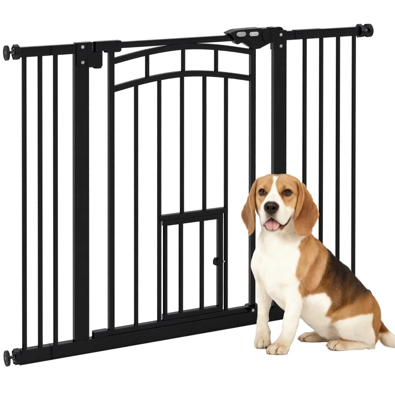 PawHut Auto-Close Pet Gate, Stair Gate with Cat Door, Double Locking for Doorways Hallways Stairs, Fits 29"-39.4" Wide, Black