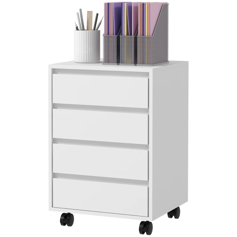 HOMCOM 4 Drawer File Cabinet, Vertical Filing Cabinet with Wheels, Modern Printer Stand for Home Office, White