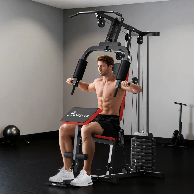 Soozier Home Gym Equipment Weight Training Machine, Multifunction Workout Machine with 143lbs Weight Stack for Full Body Workout and Strength Training, Red