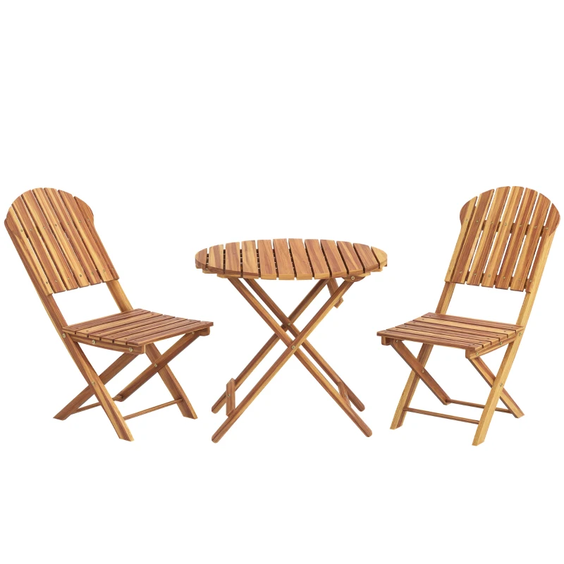 Outsunny Foldable Outdoor Bistro Set, Balcony Furniture, 3-Piece Patio Set for Backyard, Deck, Porch, Natural Wood Finish