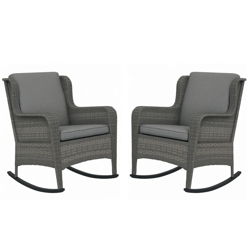 Outsunny 2 Piece Outdoor Wicker Rocking Chairs, Rattan Rockers with Cushions, Steel Frame for Patio, Garden, Backyard, Gray