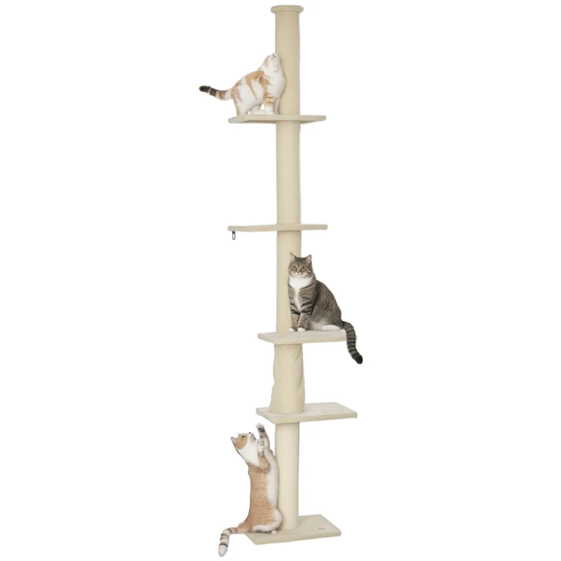 PawHut 89"-108" Floor to Ceiling Cat Tree with Scratching Post, Hand Crank & Anti-tip Kit, Cream White