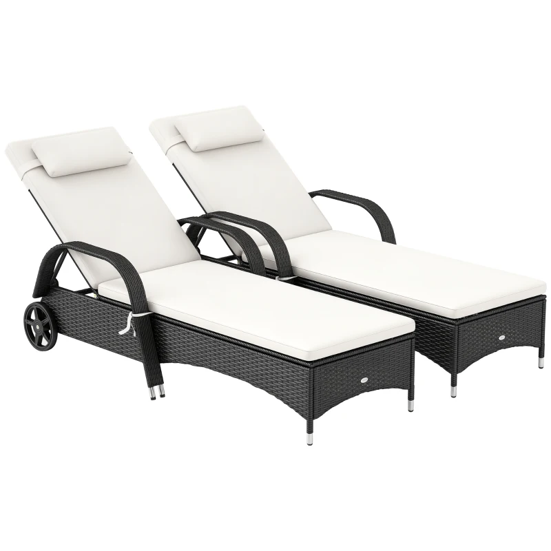 Outsunny 2 Reclining Chaise Lounge Chairs, Rolling Outdoor Chairs with Cushion, Pillow, Headrest, Armrests, and Wheels, Cream