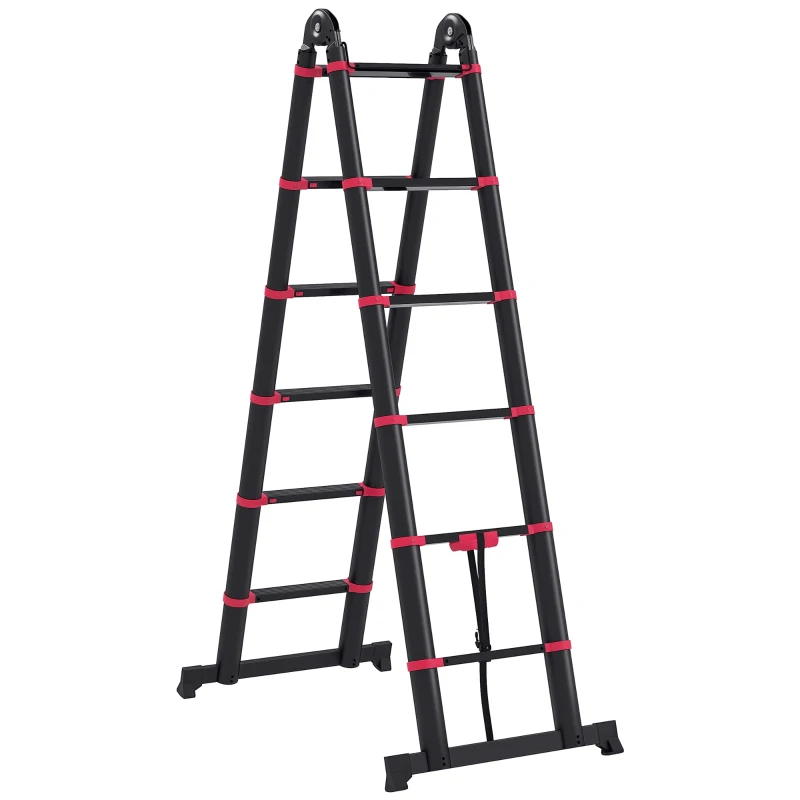 HOMCOM 12ft Aluminium Telescopic Extension Ladder, Heavy Duty Extendable Telescoping Ladder with Locking Mechanism, Non-slip Feet 330 Pound Capacity, EN131 Standard, Black