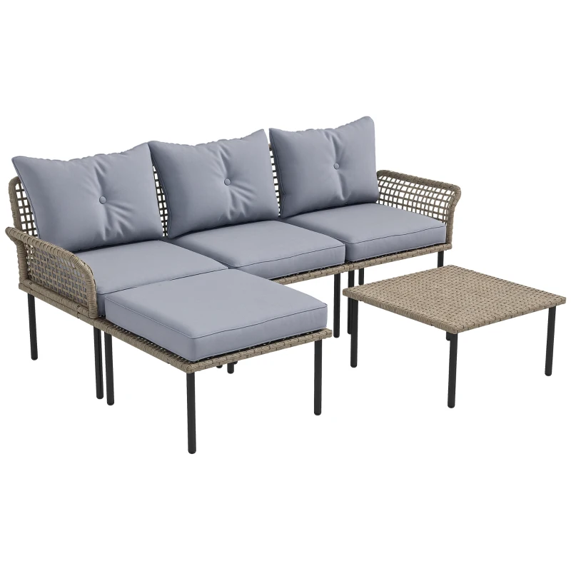 Outsunny 5-Piece Rattan Patio Furniture Set with Sofa, Chaise Lounge, Coffee Table, Footstools, Cushions, Light Gray