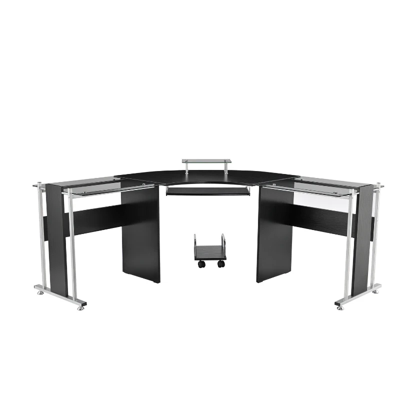 HOMCOM 69" Modern L-Shaped Tempered Glass Office Computer Desk with Elevated Monitor Stand, Rolling CPU Holder, Pull Out Keyboard Tray and Steel Frame, Black