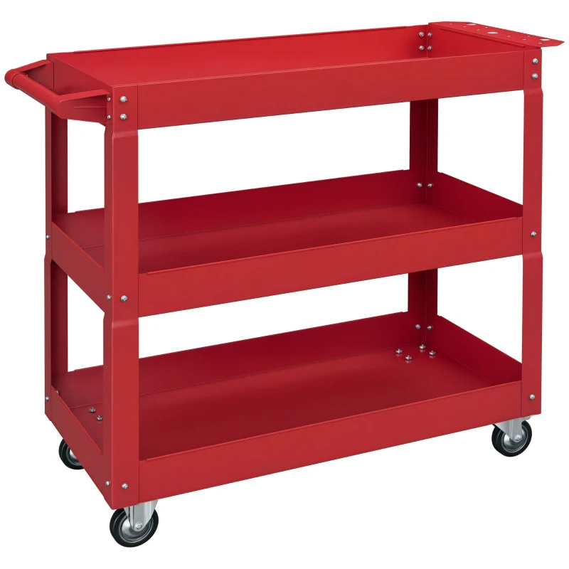 DURHAND 3 Tier Rolling Tool Cart with Wheels, 330 LBS Capacity Heavy Duty Utility Cart, Mobile Service Cart for Garage, Red