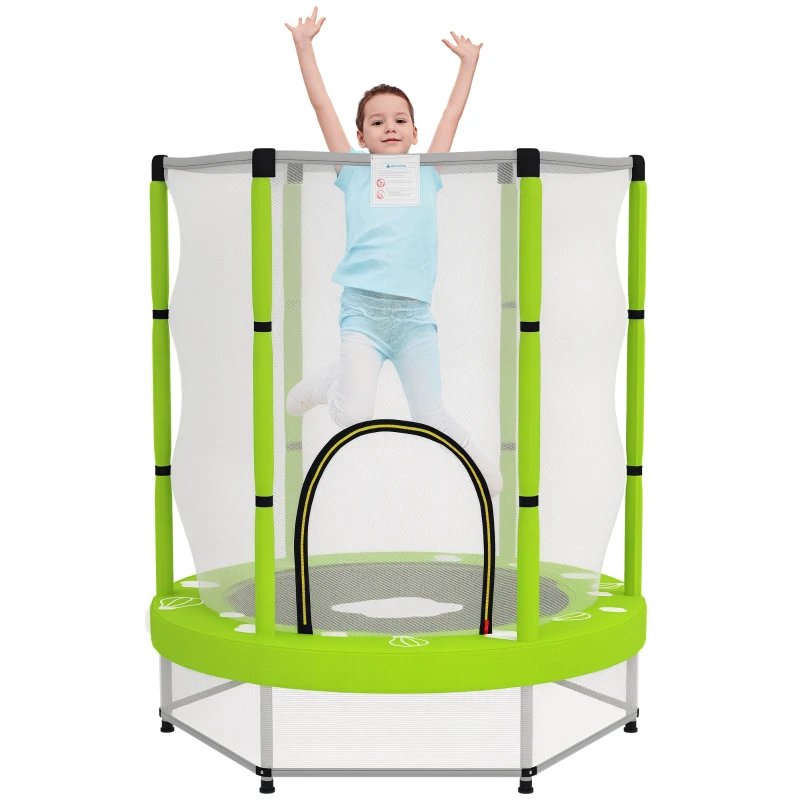 Qaba 4.6FT Toddler Trampoline w/ Safety Net, Recreational Trampoline for Indoor Outdoor, Cloud Pattern, Green