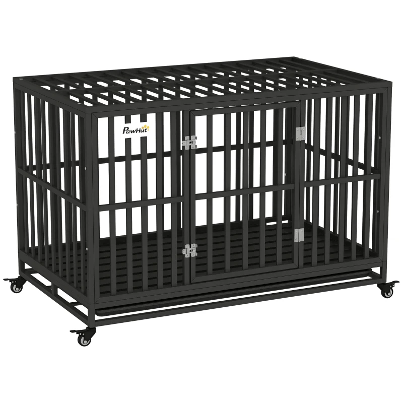 PawHut 49" Heavy Duty Steel Dog Crate Kennel Pet Cage with Wheels for Convenient Access Anti-Pinching Floor, Black