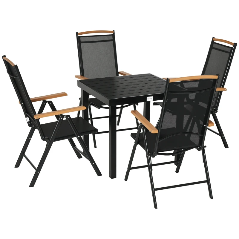 Outsunny 5 Piece Outdoor Furniture Patio Dining Set For 4, Square Outdoor Dining Table, Adjustable Reclining Folding Chairs, Black
