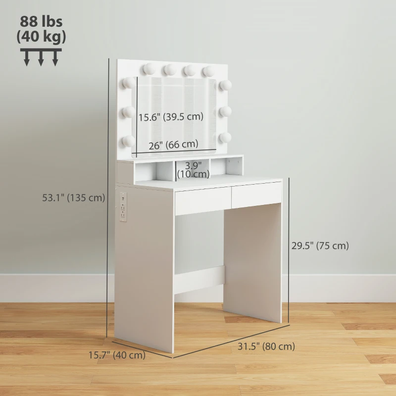 HOMCOM Vanity Table, Makeup Dressing Table with LED Lighting Mirror, Charging Station and Drawers for Bedroom, White