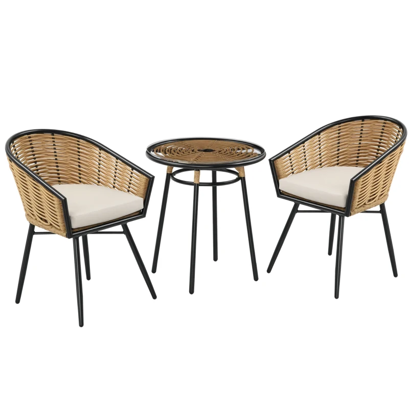 Outsunny 3 Piece Patio Set, Outdoor Bistro Furniture, PE Rattan Wicker Table and Chairs, Cushioned, Barrel Style, Cream White