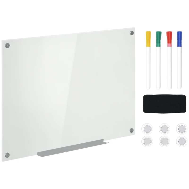 Vinsetto 35.5" x 23.5" Glass Magnetic Dry Erase Whiteboard, Frameless Board on Wall, with Dry Eraser, 4 Markers, and Pen Holder, White