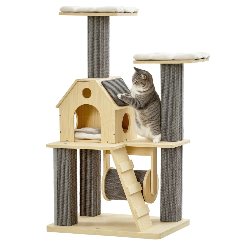 PawHut 49" Cat Tree Kitty Activity Center Wooden Cat Climbing Toy Pet Furniture with Cat Condo Cat Roller Ladder Cushions Sisal Scratching Post Pad, Natural
