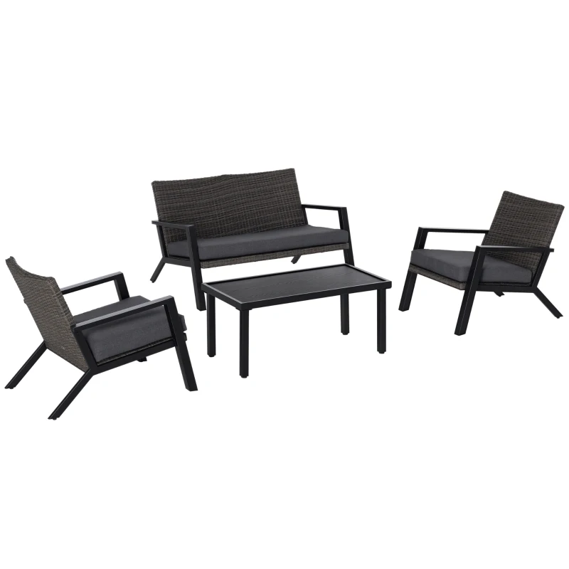 Outsunny 4 Piece Patio Furniture Set, 2 PE Wicker Chairs, Loveseat Sofa, Outdoor Coffee Table, Soft Cushions, Couch & Armchairs for Backyard, Garden, Black
