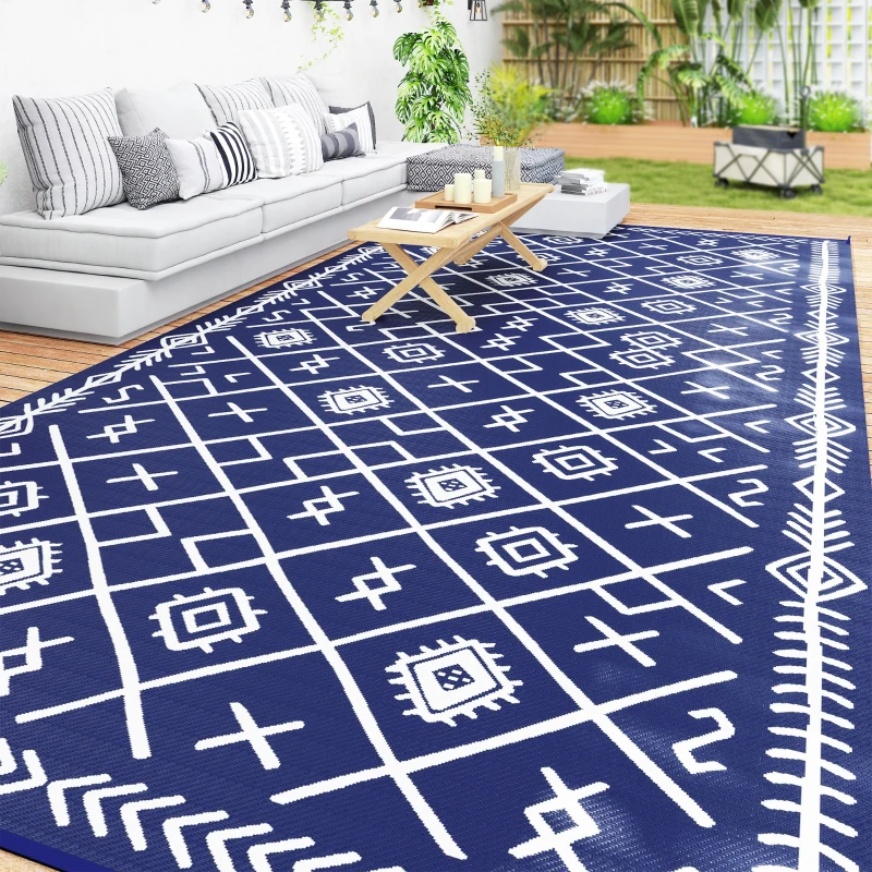 Outsunny Reversible Outdoor Rug, Waterproof Plastic Straw with Carry Bag, 9' x 18', Blue & White Rhombus