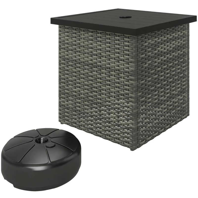 Outsunny Wicker Side Table with 1.5" Umbrella Hole, Square Outdoor End Table with UV-Resistant Frame, Storage Space, Mixed-Gray