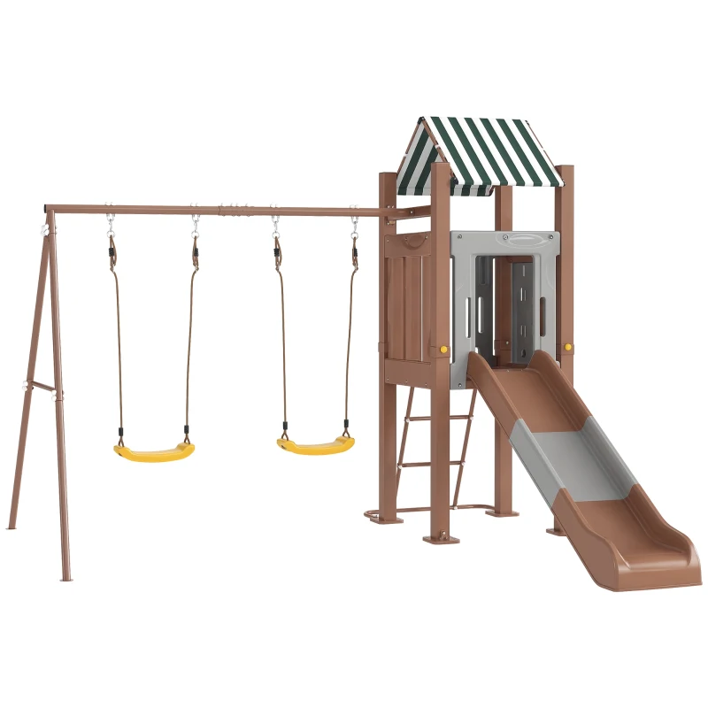 Qaba Kids Swing Set with 6 FT Slide, 2 Adjustable Swings, Fort with Canopy, Ladder, Ground Stakes for Ages 3-8, Brown