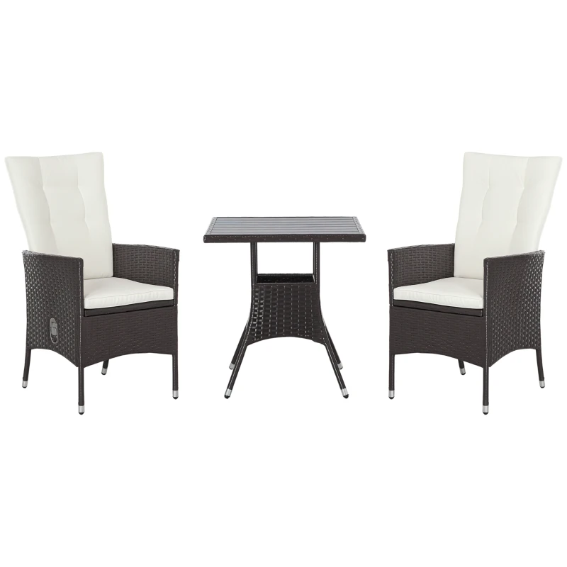 Outsunny 3 Piece Patio Bistro Set, PE Wicker Furniture Conversation Set w/ Tufted Cushion Reclining Chairs & Coffee Table, Cream