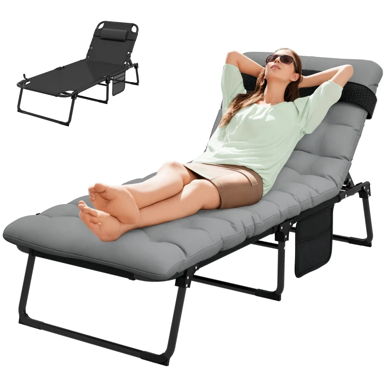 Outsunny Outdoor Folding Chaise Lounge Chair with 4-Position Adjustable Backrest, Magazine Pocket, Removable Head Pillow, Gray