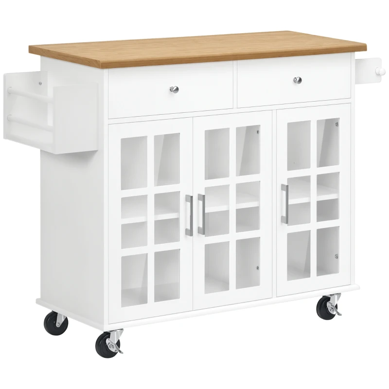 HOMCOM Rolling Kitchen Island with Storage, Utility Kitchen Cart with 2 Drawers, 2 Cupboards, Towel Rack and Spice Rack, Microwave Cart for Dining Room, White