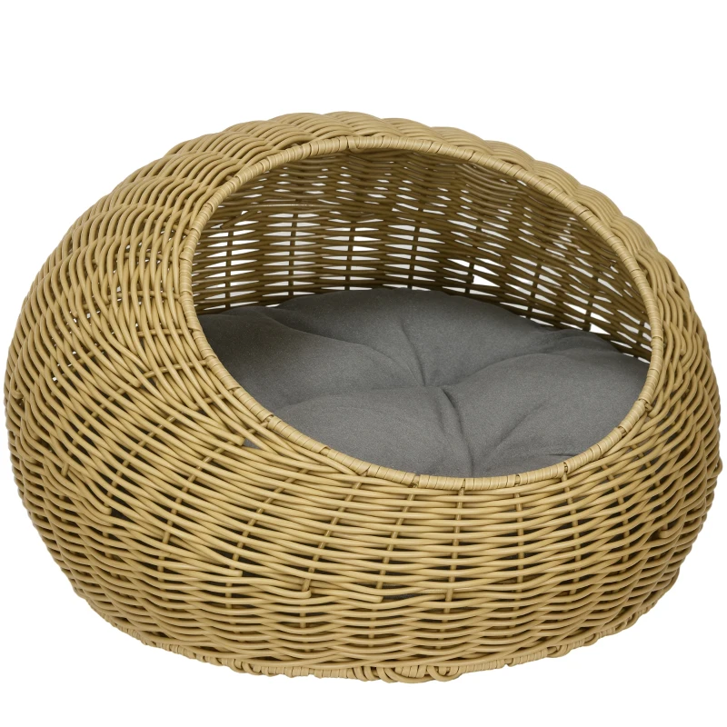 PawHut Rattan Cat Bed with Washable Cushion for Cats, Puppies, Light Brown