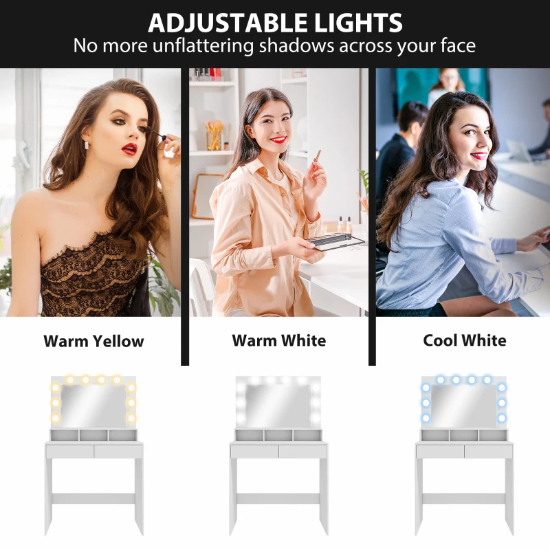 HOMCOM Vanity Table, Makeup Dressing Table with LED Lighting Mirror, Charging Station and Drawers for Bedroom, White