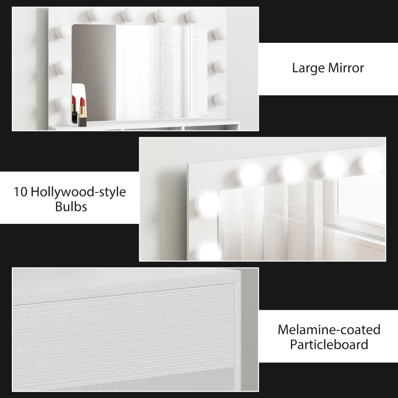 HOMCOM Vanity Table, Makeup Dressing Table with LED Lighting Mirror, Charging Station and Drawers for Bedroom, White