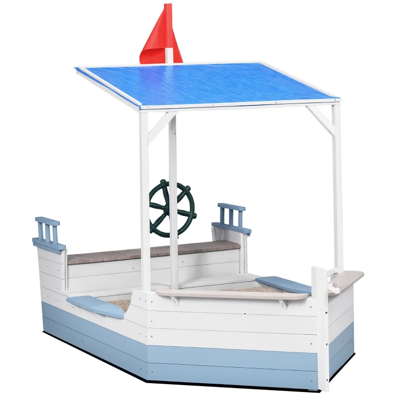 Outsunny Kids Sandbox with Canopy, Pirate Ship Wooden Sand Boxes with Bench for Backyard, Sand Pit for Toddlers, 83" x 43", Blue