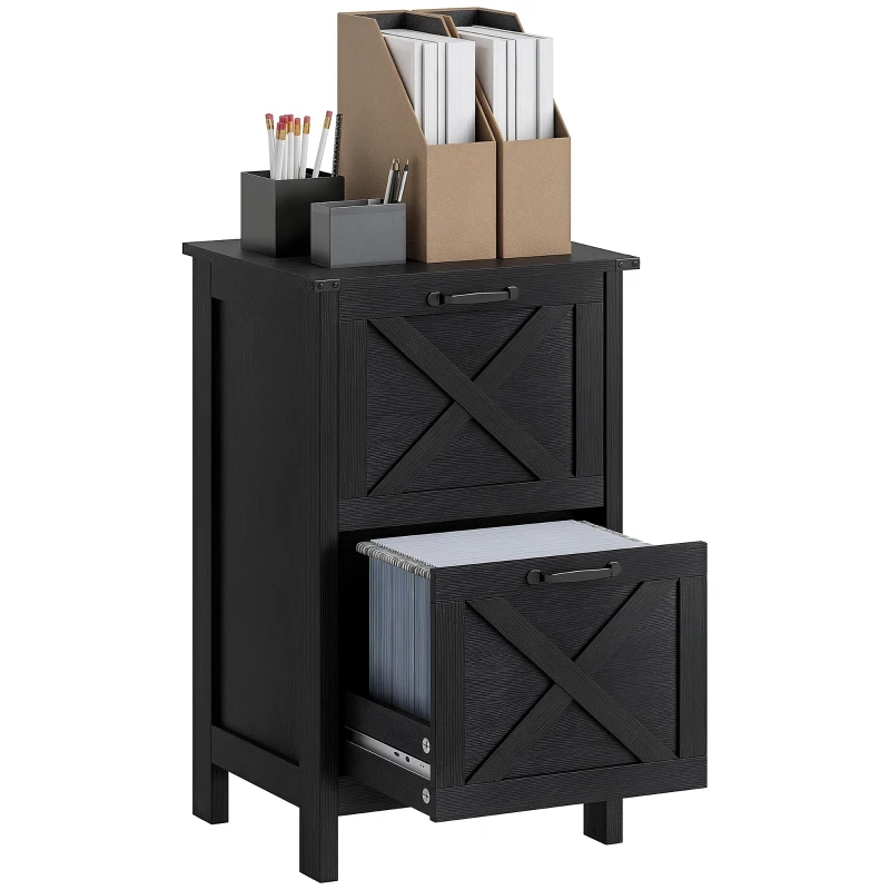 HOMCOM Vertical Filing Cabinet with 2 Drawers, Rustic Farmhouse Office Storage Cabinet for A4, Letter Size, Distressed Black