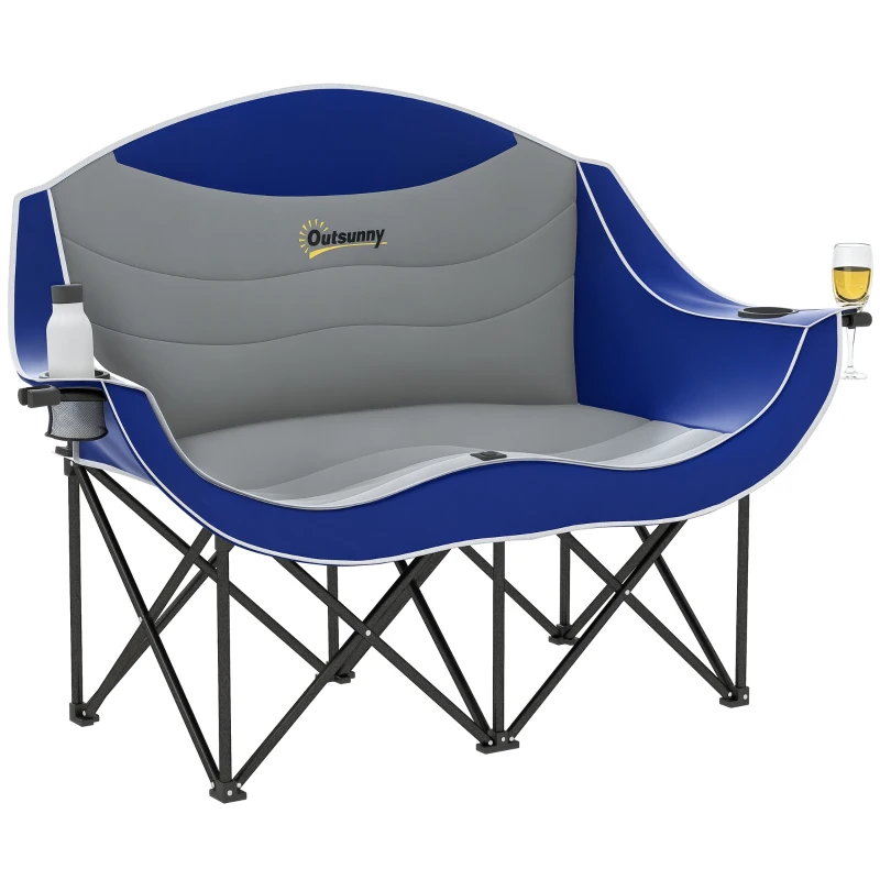 Outsunny Padded Folding Camp Chair for Adults, Double Camping Chair with Armrests, Cup Holders, Carry Bag for Outdoor, Blue