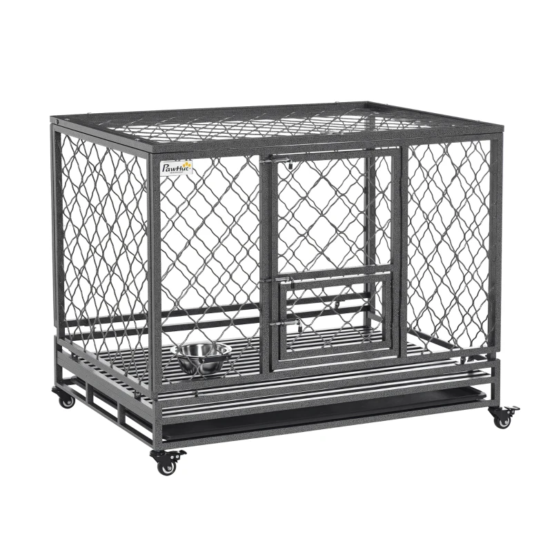 PawHut Heavy Duty Dog Crate, Metal Dog Cage Kennel with Lockable Wheels, Slide-Out Tray, Food Bowl and Double Doors, 42.5"