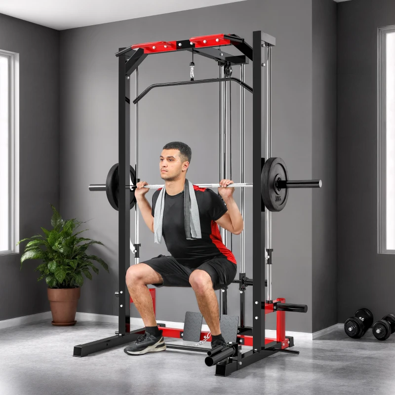 Soozier Smith Machine Power Rack with Pull Up Bar, Lat Pull Down System, Landmine, Squat Rack, Barbell Bar, for Home Gym