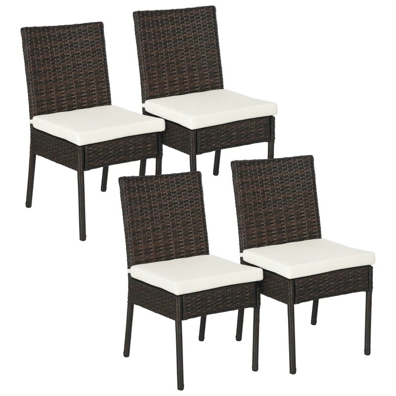 Outsunny 4 PE Rattan Outdoor Dining Chairs with Cushions, Patio Wicker Dining Chairs with Backrest, Brown