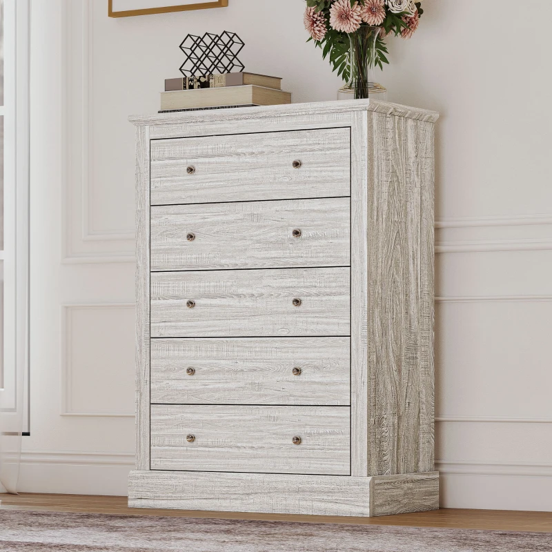 HOMCOM 31" Wide Farmhouse Chest of Drawers with 5 Drawers, Dresser for Bedroom with Wood Top for Living Room, Dirty Oak