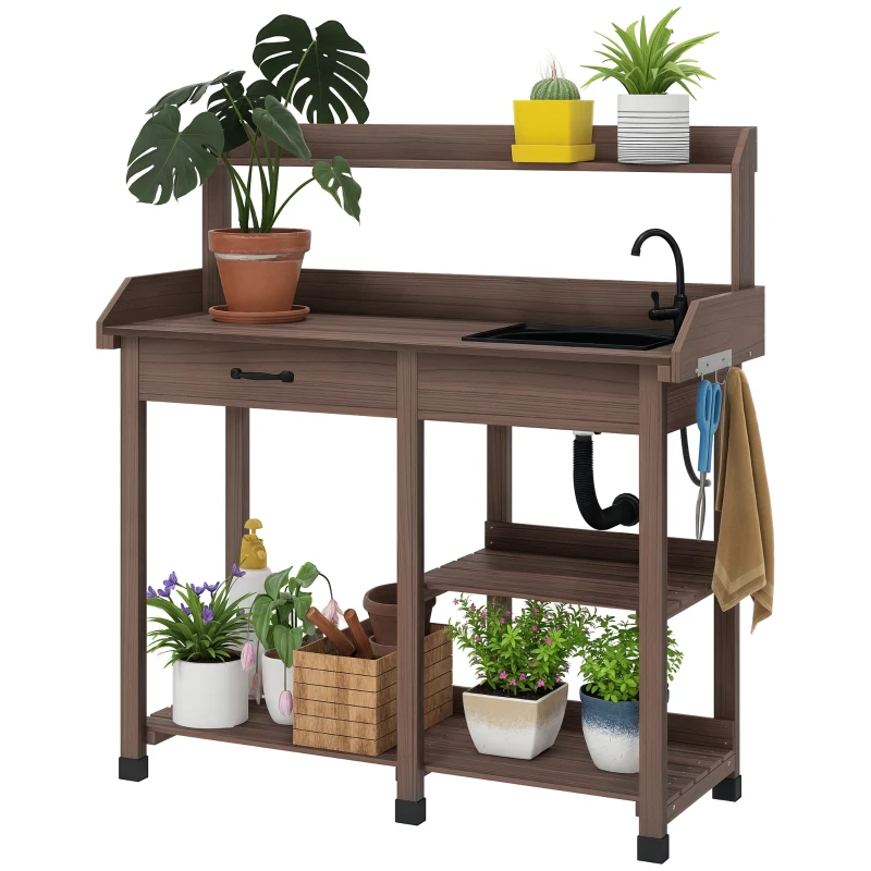 Outsunny Potting Bench Table, Outdoor Garden Table Wooden Work Station with Removable Sink, Faucet, Drawer, Shelves, Hooks, Dark Brown