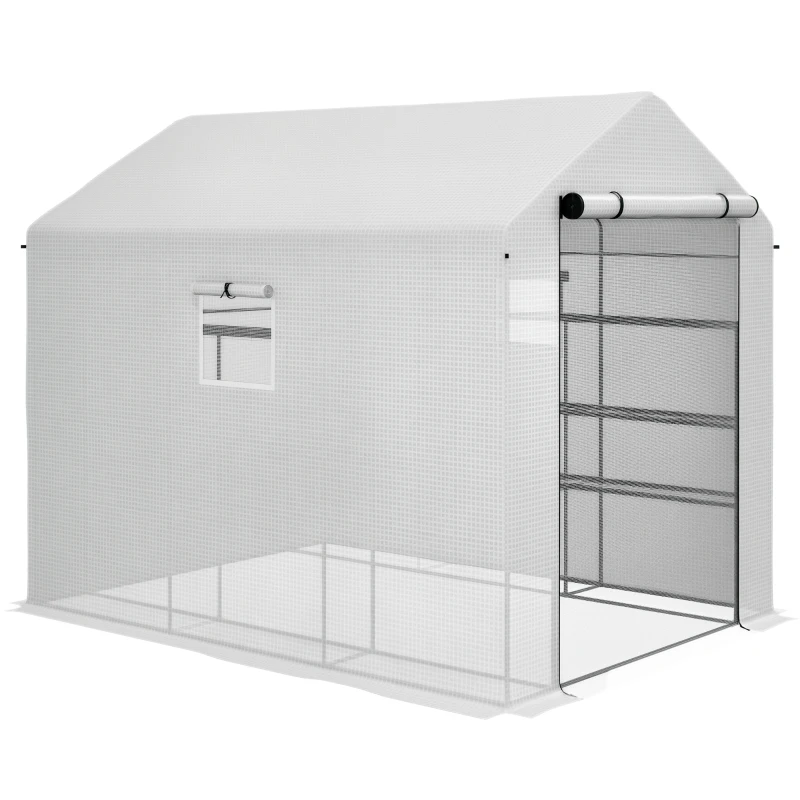 Outsunny 8' x 6' x 7' Portable Walk in Greenhouse with Mesh, Door, Windows, 18 Shelf, Trellis, Plant Labels, White