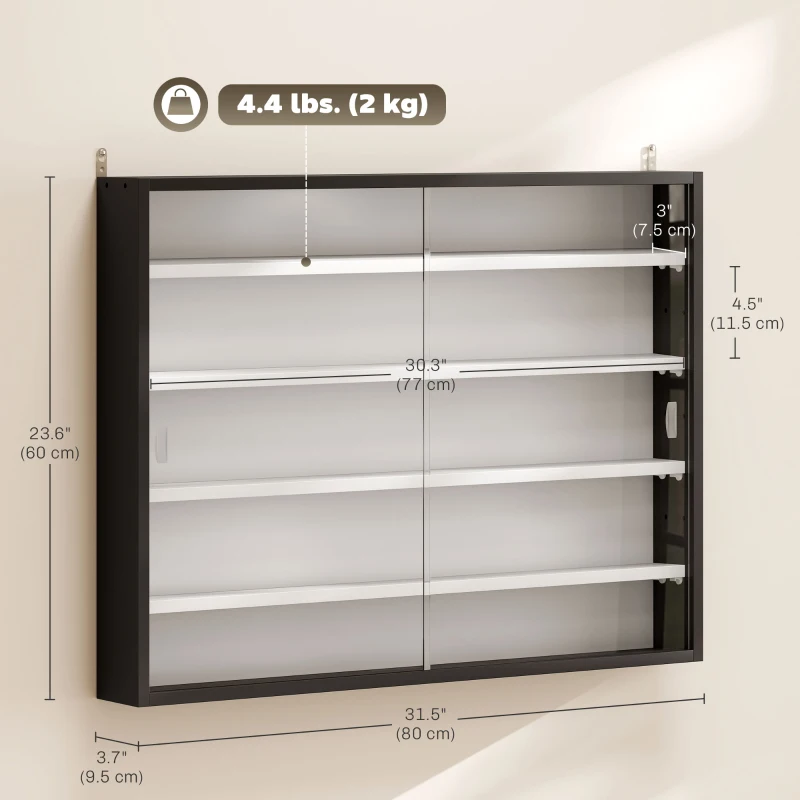 HOMCOM 5-Tier Display Cabinet, Shot Glass Display Case, Glass Curio Cabinet with 2 Glass Doors and 4 Adjustable Shelves, Black