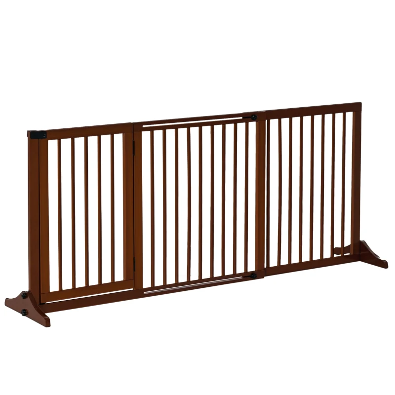 PawHut Freestanding Length Adjustable Wooden Pet Gate with Lockable Door 3 Panels, Brown