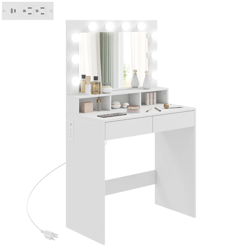 HOMCOM Vanity Table, Makeup Dressing Table with LED Lighting Mirror, Charging Station and Drawers for Bedroom, White