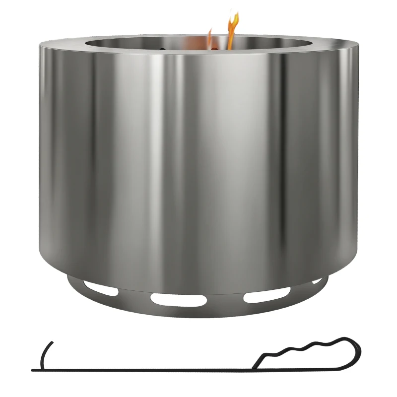 Outsunny Smokeless Fire Pit, Portable Camping Bonfire Stove with Poker for Backyard Patio Picnic, Stainless Steel, Silver