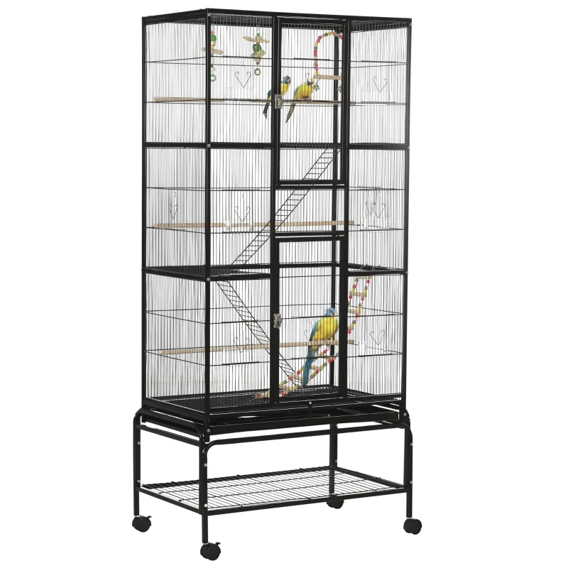 PawHut 71" Bird Cage with Wheels Perches, Ramp, Storage Shelf, Toys for Canaries, Finches, Cockatiels, Parakeets, Black