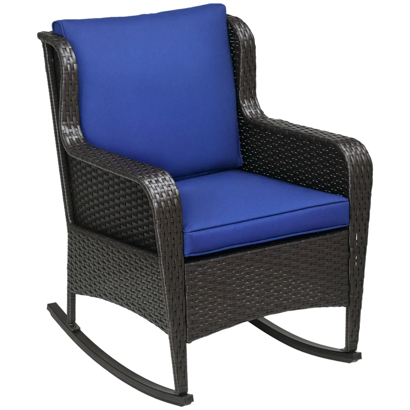 Outsunny Outdoor Wicker Rocking Chair, Rattan Rocker with Cushions, Steel Frame for Patio, Garden, Backyard, Dark Blue