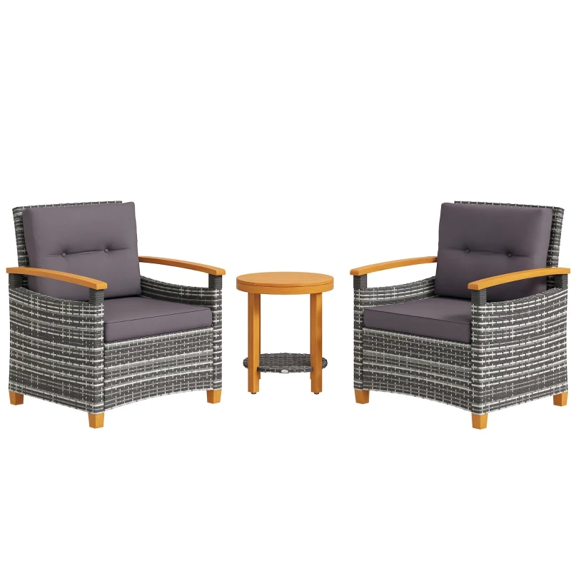 Outsunny Outdoor Bistro Set Wicker Patio Furniture with Cushions for Porch, Backyard, Garden, Gray