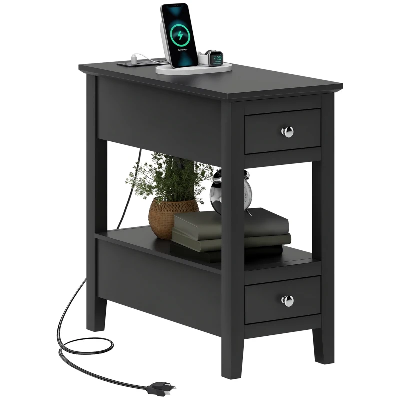 HOMCOM Narrow Side Table with Charging Station, USB Ports, Modern End Table with Storage Shelf, Drawers for Living Room, Black