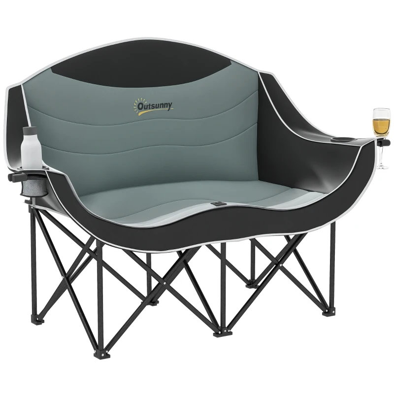 Outsunny Padded Folding Camp Chair for Adults, Double Camping Chair with Armrests, Cup Holders, Carry Bag for Outdoor, Black