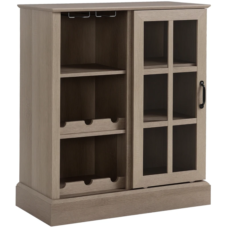 HOMCOM Wine Bar Cabinet, with 6-Bottle Wine Rack and Stemware Racks, Buffet Cabinet with Sliding Glass Door for Kitchen, Brown