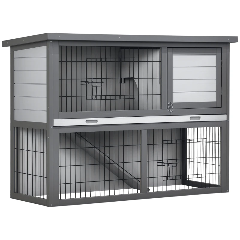 PawHut 42.5" Wooden Rabbit Hutch Bunny Cage Small Animal House Enclosure with Ramp, Removable Tray and Weatherproof Roof for Outdoor, Gray